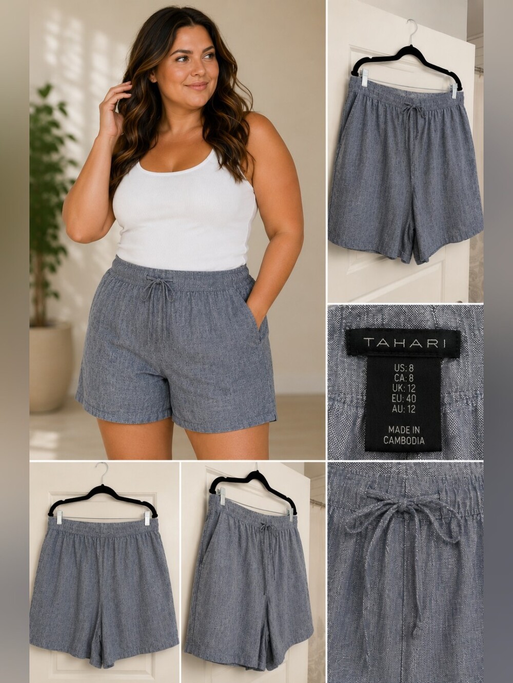 Tahari Gray Chambray Drawstring Shorts